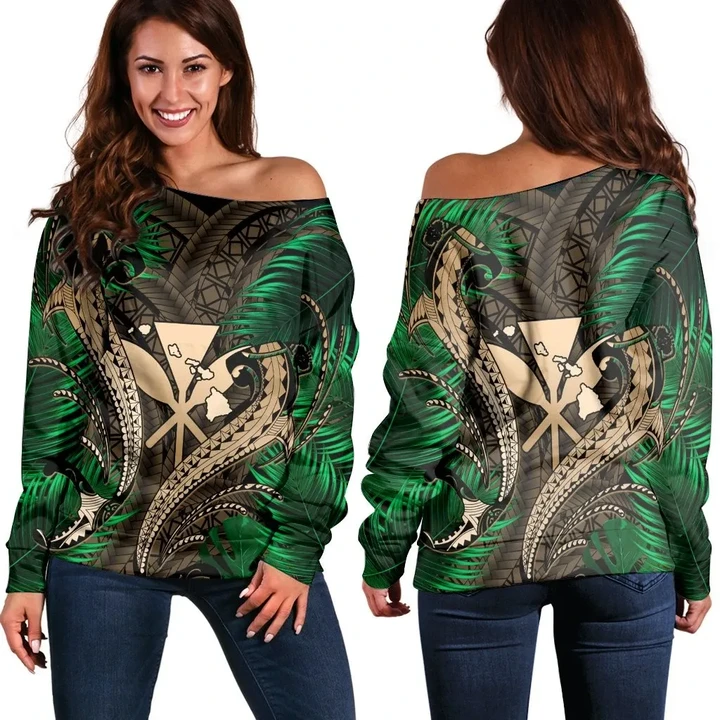 Hawaii Shark Polynesian Tropical Women's Off Shoulder Sweater - Gold - AH - J4R