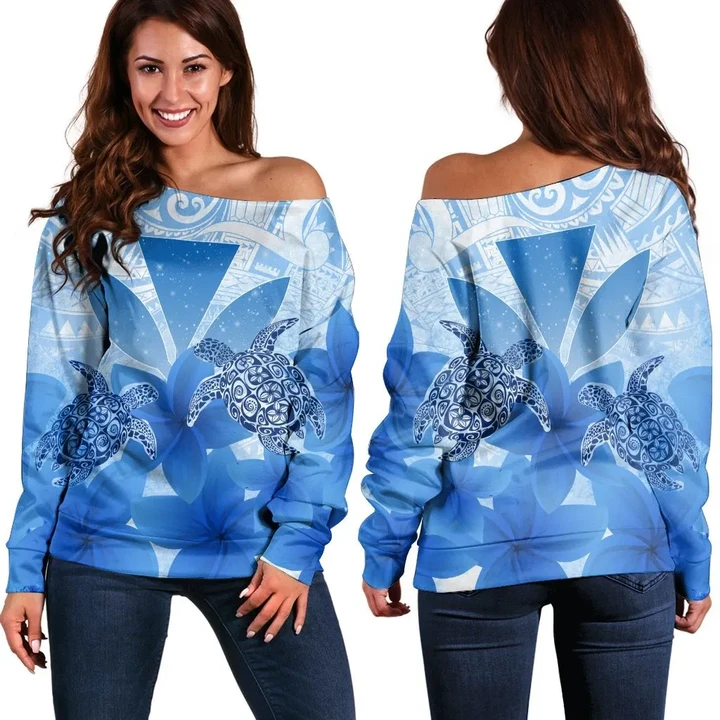 Hawaii Turtle Kanaka Plumeria Polynesian Women's Off Shoulder Sweater Blue - AH - J4R