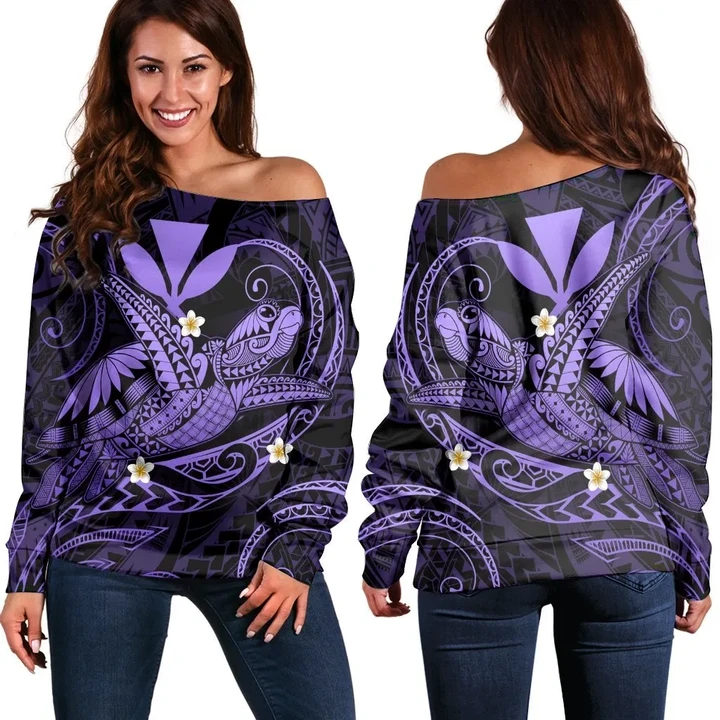 Hawaii Turtle Polynesian Women's Off Shoulder Sweater - Nane Style Purple - AH - J4R