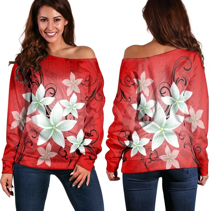 Hawaiian Plumeria Polynesian Women's Off Shoulder Sweater - Red - AH - J4R
