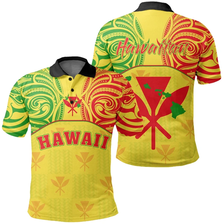 Hawaiian Kanaka Polo Shirt Flag Nation Yellow Demodern AH J1 - Alohawaii