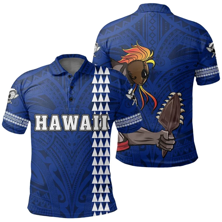 Hawaiian Islands Warrior Kakau Blue Polynesian Polo Shirt - AH - J1 - Alohawaii