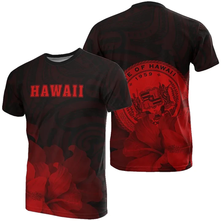 Hawaii State Hibiscus Red Polynesian T-Shirt - Floral Style - AH - J1 - Alohawaii