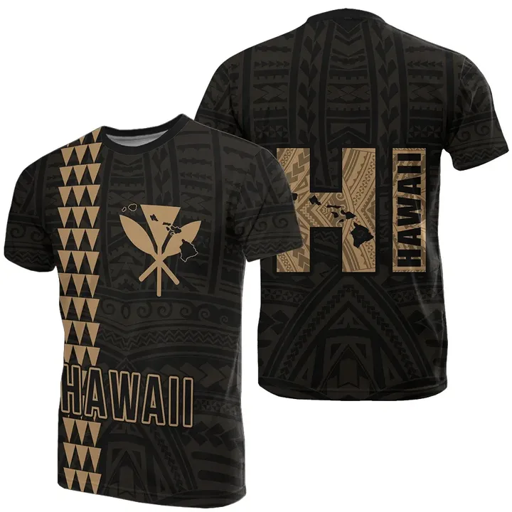 Hawaiian Kanaka Map Kakau Tatau Gold Polynesian T-Shirt - AH - J1 - Alohawaii
