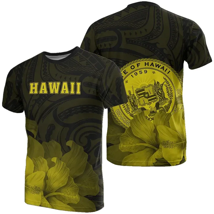Hawaii State Hibiscus Yellow Polynesian T-Shirt - Floral Style - AH - J1 - Alohawaii