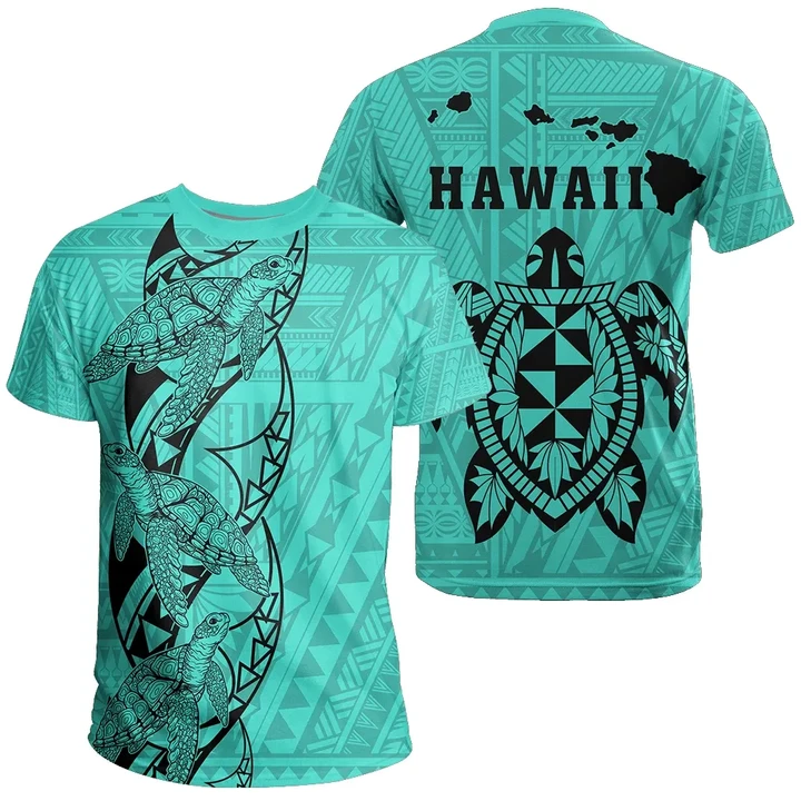 Turtle Polynesian Map T-shirt Turquoise - AH J4 - Alohawaii