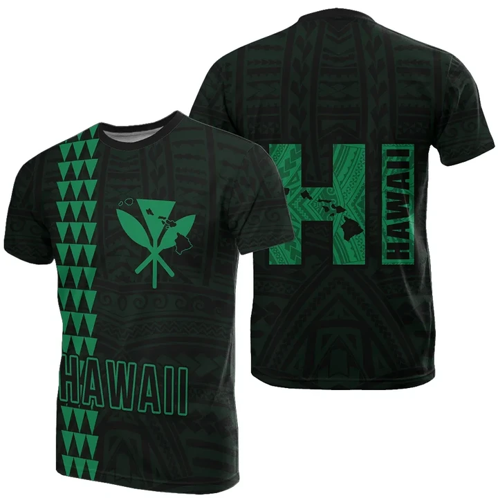 Hawaiian Kanaka Map Kakau Tatau Green Polynesian T-Shirt - AH - J1 - Alohawaii
