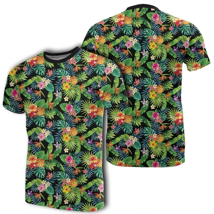 Hawaii Tropical Pattern With Pineapples, Palm Leaves And Flowers T-Shirt - AH - J7 - Alohawaii