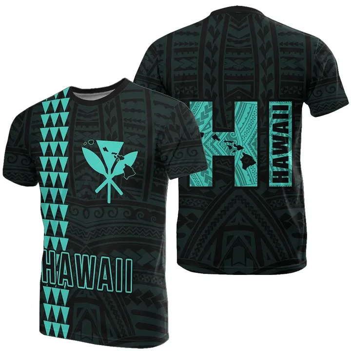 Hawaiian Kanaka Map Kakau Tatau Turquoise Polynesian T-Shirt - AH - J1 - Alohawaii