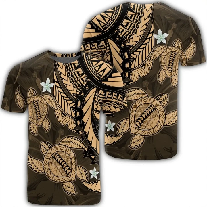 Hawaii Polynesian Turtle Hibiscus T-Shirt - Gold - AH - J4R