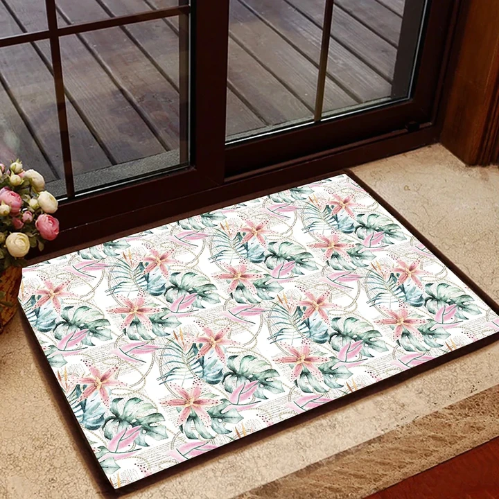 Tropical Pattern With Orchids Leaves And Gold Chains Hawaii Door Mat - AH - J4 - Alohawaii