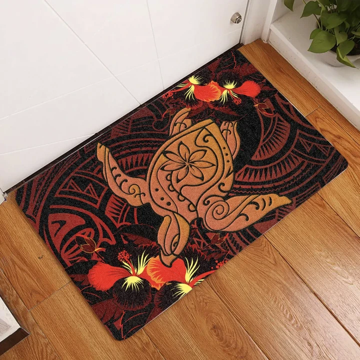 Alohawaii Door Mat - Hawaii Hibiscus Polynesian Red Big Turtle Door Mat
