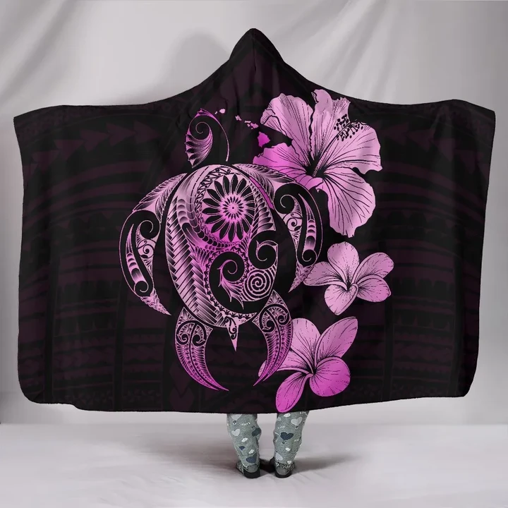 Alohawaii Clothing - Hibiscus Plumeria Mix Polynesian Pink Turtle Hooded Blanket