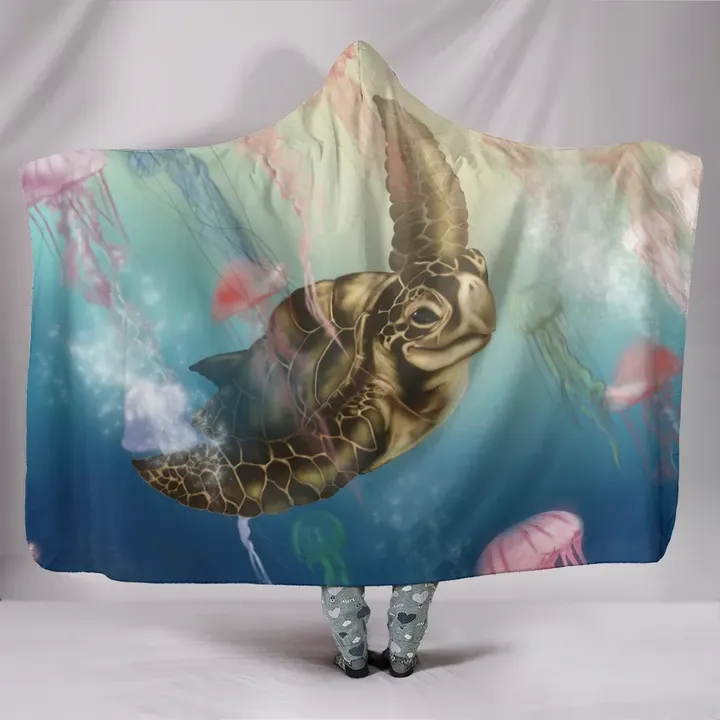Alohawaii Clothing - Hawaii Turtle And Jellyfish In Deep Sea Moana Hooded Blanket