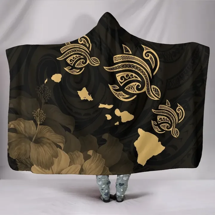 Alohawaii Clothing - Hawaii Hibiscus Map Polynesian Ancient Gold Turtle Hooded Blanket