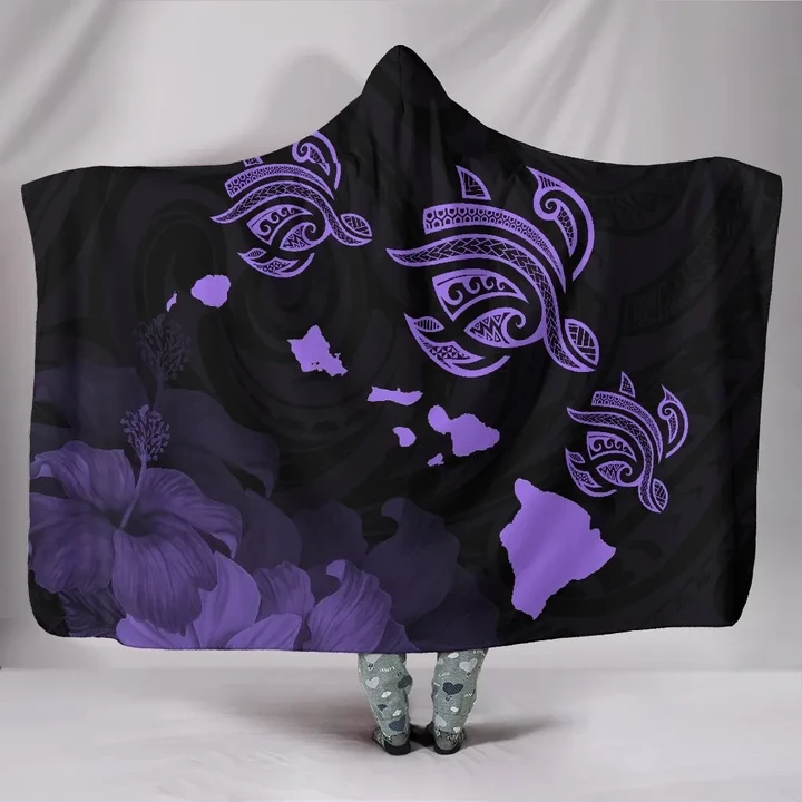 Alohawaii Clothing - Hawaii Hibiscus Map Polynesian Ancient Violet Turtle Hooded Blanket