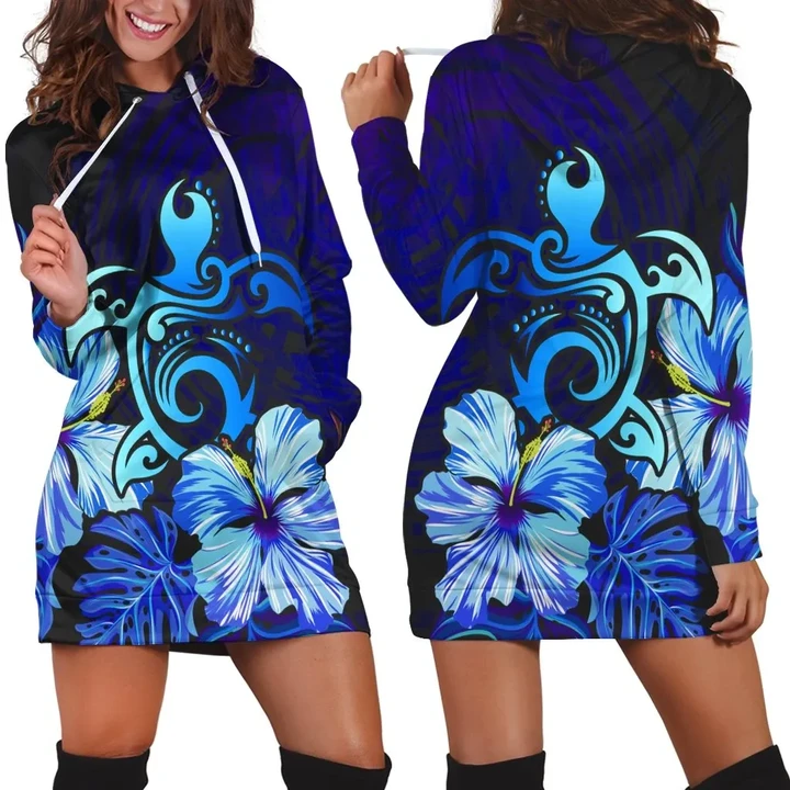 Alohawaii Dress - Hawaiian Hibiscus Tropical Deep Ocean Turtle Sea Hoodie Dress