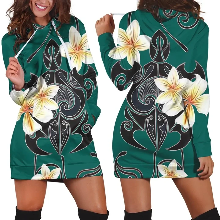Alohawaii Dress - Hawaiian Turtle Plumeria Polynesian Hoodie Dress Mint