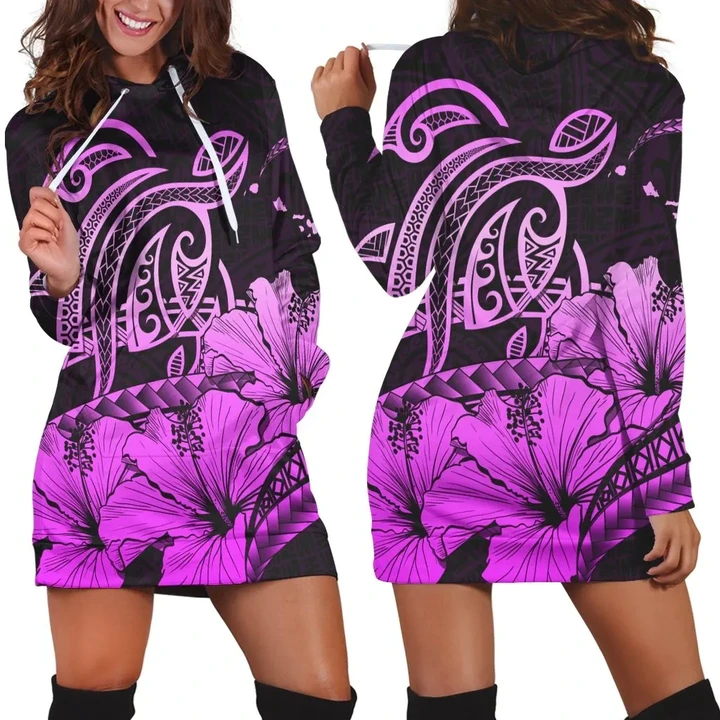 Alohawaii Dress - Hawaii Turtle Map Polynesian Hoodie Dress Safety Pink