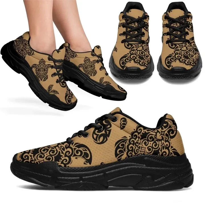 Alohawaii Footwear - Polynesian Turtle Palm And Sea Pebbles Gold Chunky Sneakers