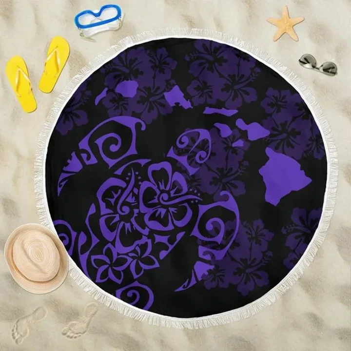 Alohawaii Blanket - Turtle Hibiscus Map Purple Beach Blanket