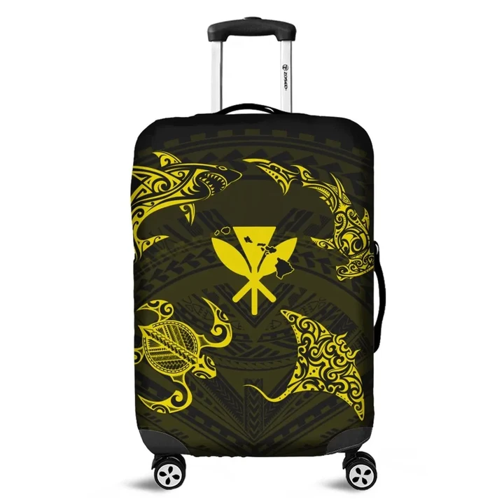 Alohawaii Accessory - Polynesian Turtle Hammerhead Shark Ray Kanaka Hawaii Luggage Covers Circle Yellow