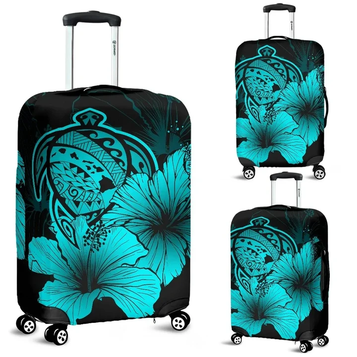 Alohawaii Accessory - Hawaii Hibiscus Luggage Cover - Turtle Map - Turquoise