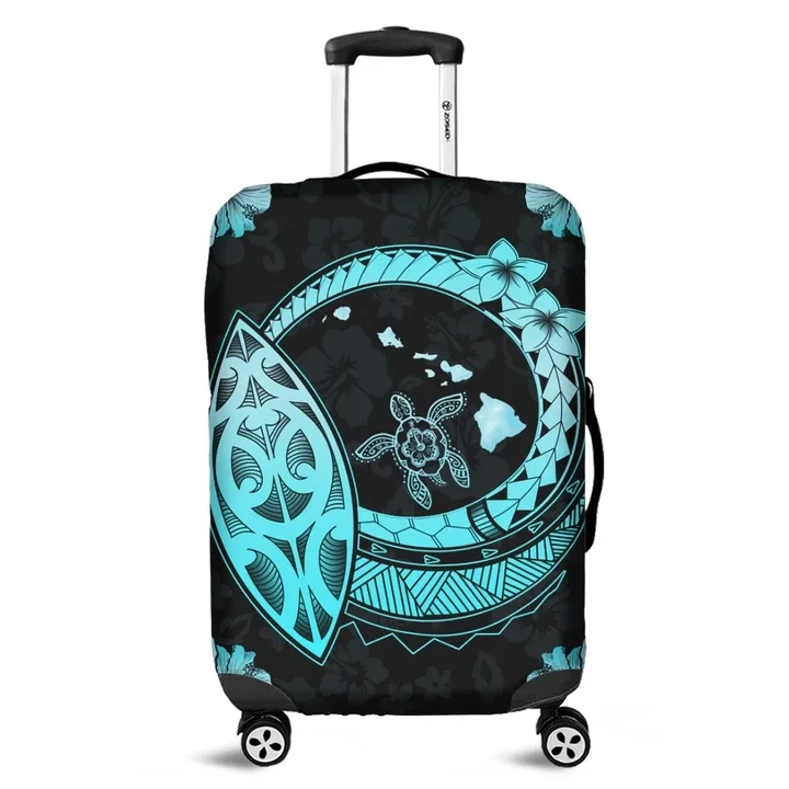Alohawaii Accessory - Hawaii Turtle Hibiscus Map Polynesian Luggage Covers Turquoise