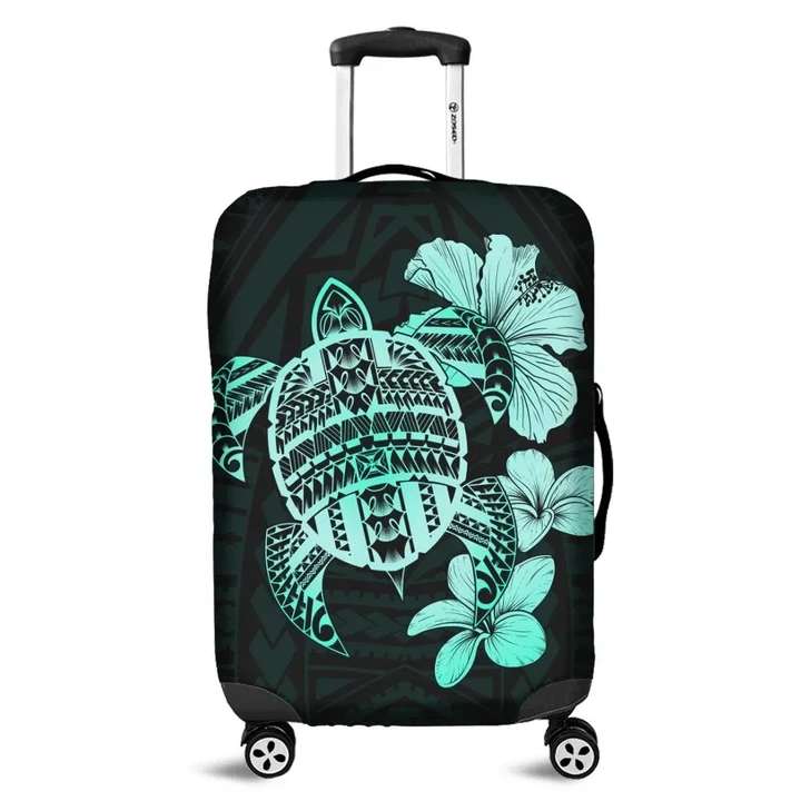 Alohawaii Accessory - Hawaiian Kanaka Hibiscus Plumeria Mix Polynesian Turtle Luggage Covers - Turquoise