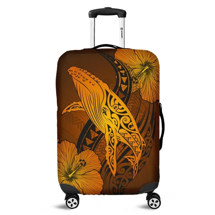 Alohawaii Accessory - Hawaiian Map Whale Swim Hibiscus Polynesian Luggage Covers - Orange