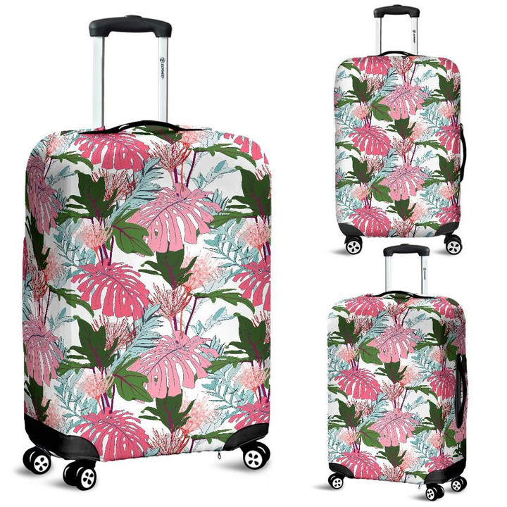 Alohawaii Accessory - Pink Monstera And Green Tropical Leaves White Luggage Cover