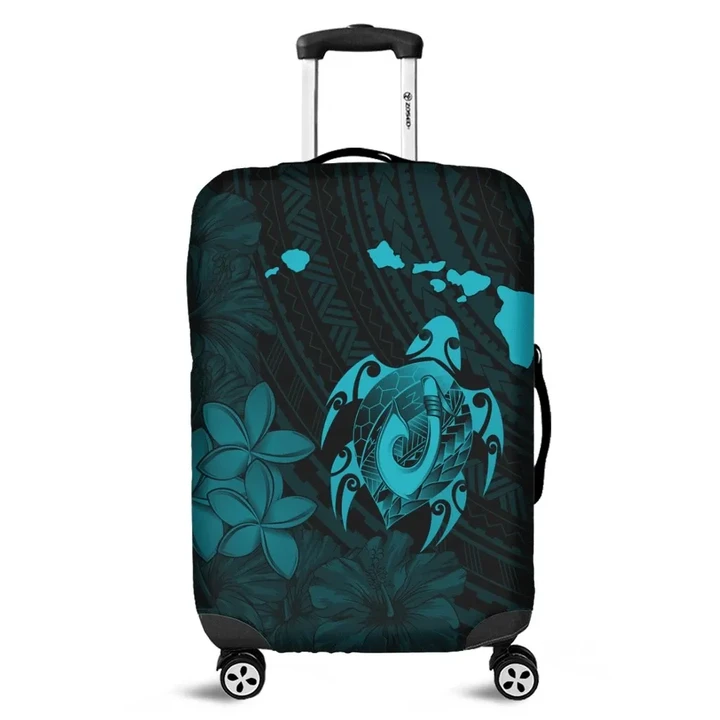 Alohawaii Accessory - Hawaiian Map Turtle Plumeria Hibiscus Fish Hook Polynesian Luggage Covers Blue