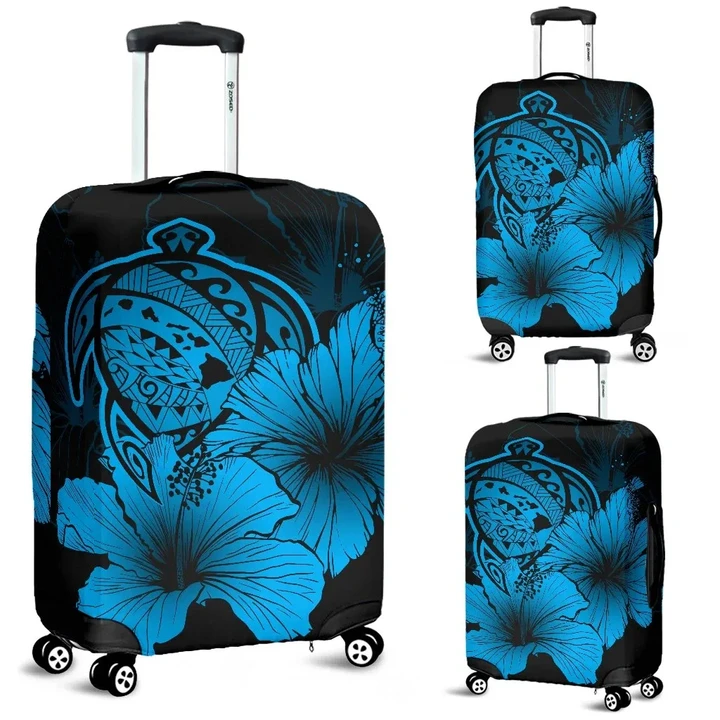 Alohawaii Accessory - Hawaii Hibiscus Luggage Cover - Turtle Map - Traffic Blue