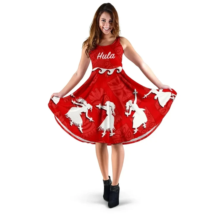 Alohawaii Dress - Hawaiian Hula Girls Dance in Red Midi Dress