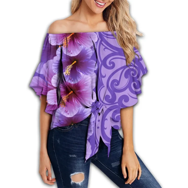 Alohawaii Clothing - Hawaii Hibiscus Flower Polynesian Women's Off Shoulder Wrap Waist Top - Curtis Style - Purple