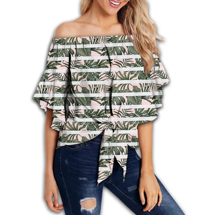 Alohawaii Clothing - Hawaii Tropical Dark Green Leaves Seamless Pattern White Stripes Pink Background Women's Off Shoulder Wrap Waist Top