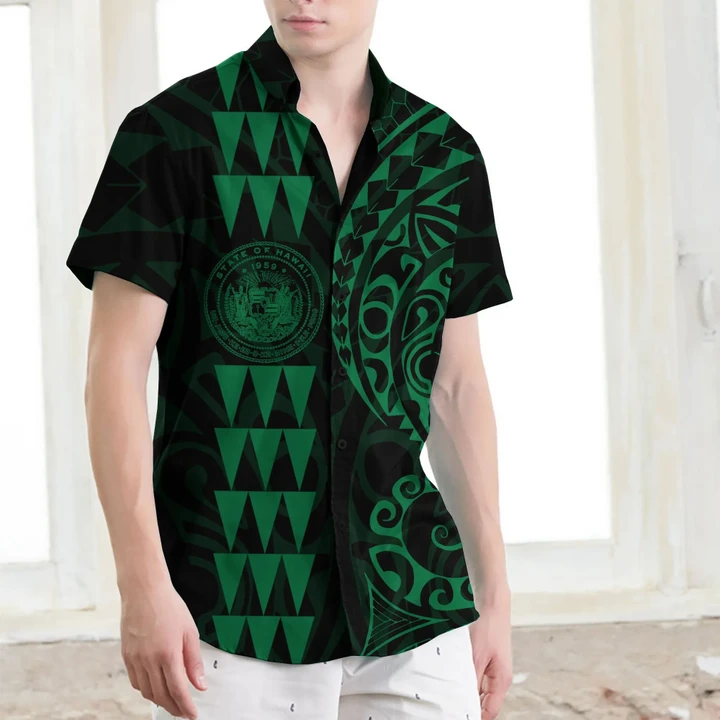 Alohawaii Shirt - Hawaii Coat Of Arms Short Sleeve Shirt Green