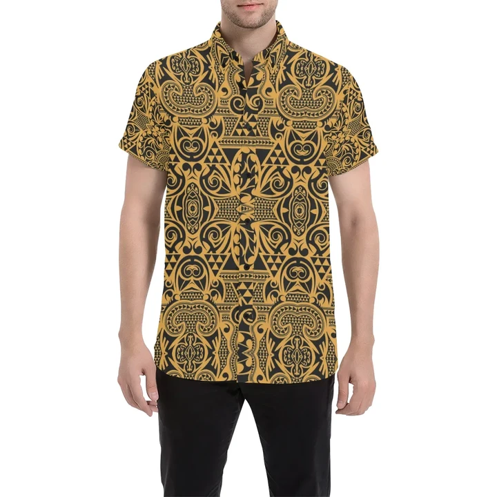 Alohawaii Shirt - Polynesian Short Sleeve Shirt Yellow Black
