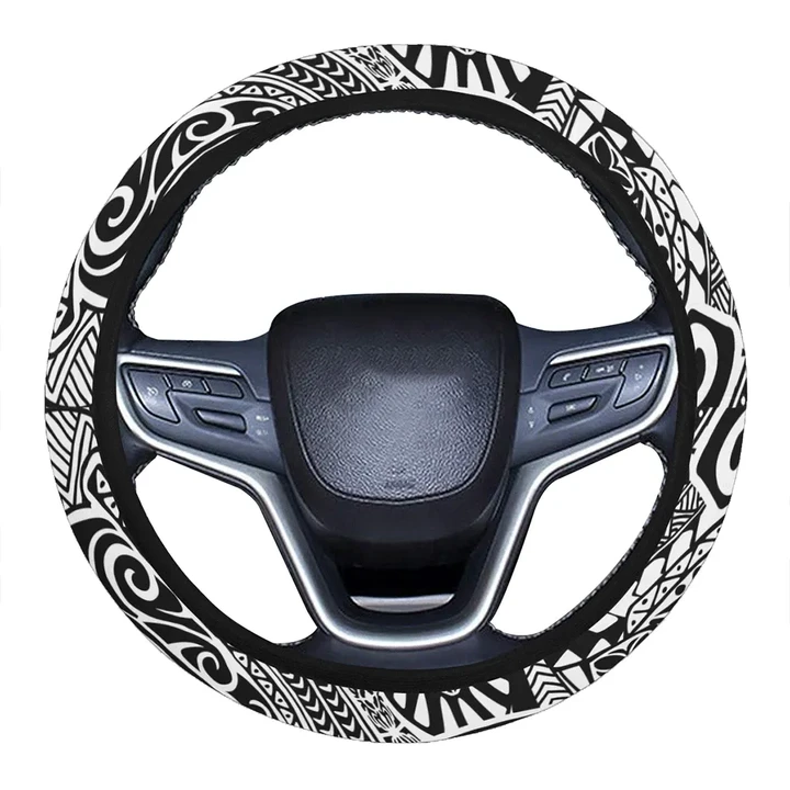 Alohawaii Accessory - Polynesian Hawaiian Style Tribal Tattoo White Hawaii Steering Wheel Cover with Elastic Edge