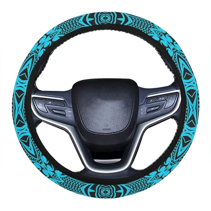Alohawaii Accessory - Polynesian Kakau Turtle Blue Hawaii Steering Wheel Cover with Elastic Edge