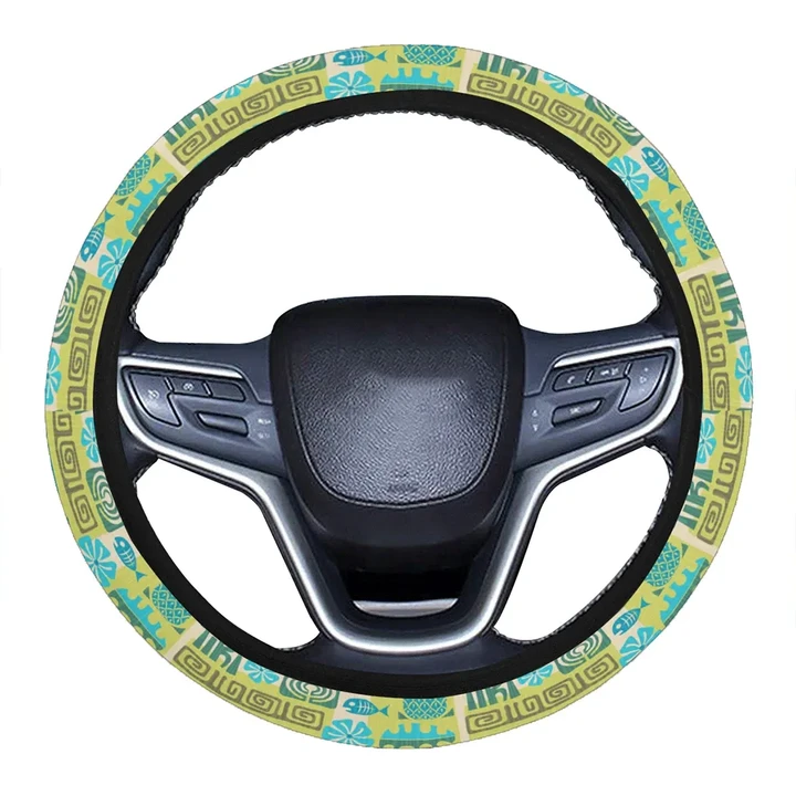 Alohawaii Accessory - Hawaii Seamless Exotic Tiki Pattern Hawaii Universal Steering Wheel Cover with Elastic Edge