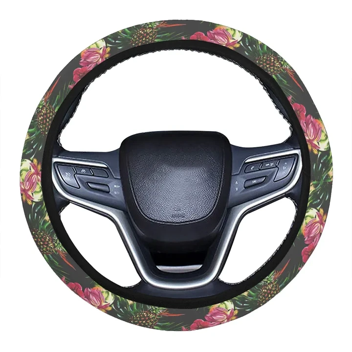 Alohawaii Accessory - Hawaii Palm Leaves Pineapples Jungle Leaf Hawaii Universal Steering Wheel Cover with Elastic Edge