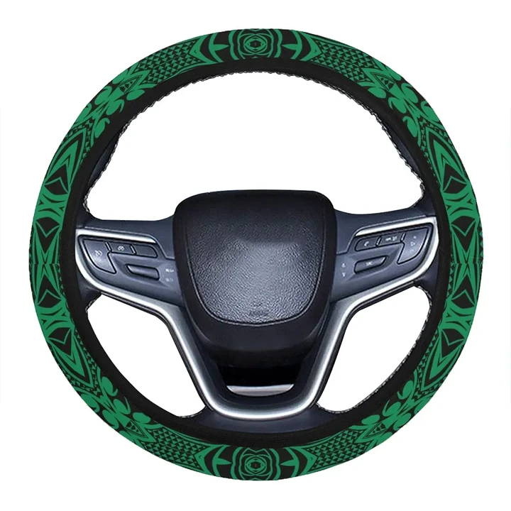 Alohawaii Accessory - Polynesian Kakau Turtle Green Hawaii Steering Wheel Cover with Elastic Edge
