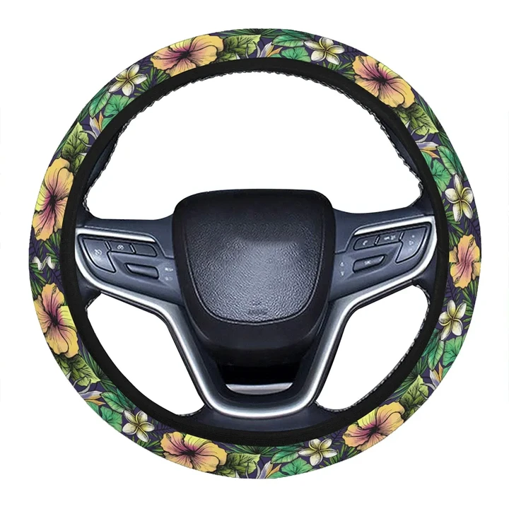 Alohawaii Accessory - Hawaii Hibiscus And Plumeria Green Hawaii Universal Steering Wheel Cover with Elastic Edge