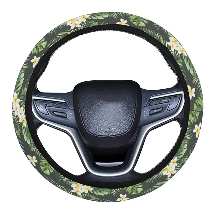 Alohawaii Accessory - Hawaii Summer Plumerias Flowers Palm Tree Monstera Leaves.  Hawaii Universal Steering Wheel Cover with Elastic Edge