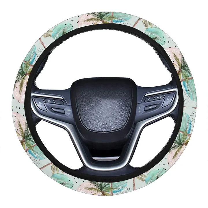 Alohawaii Accessory - Hawaii Tropical Watercolor Palm Tree Leaf Hawaii Universal Steering Wheel Cover with Elastic Edge