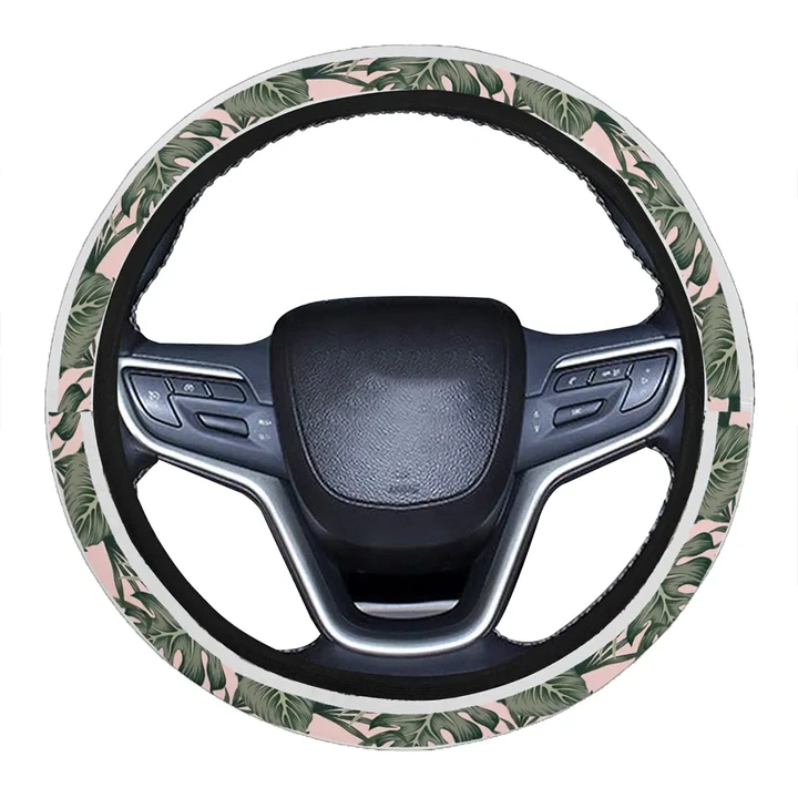 Alohawaii Accessory - Hawaii Tropical Dark Green Leaves Seamless Pattern White Stripes Pink Background Hawaii Universal Steering Wheel Cover with Elastic Edge