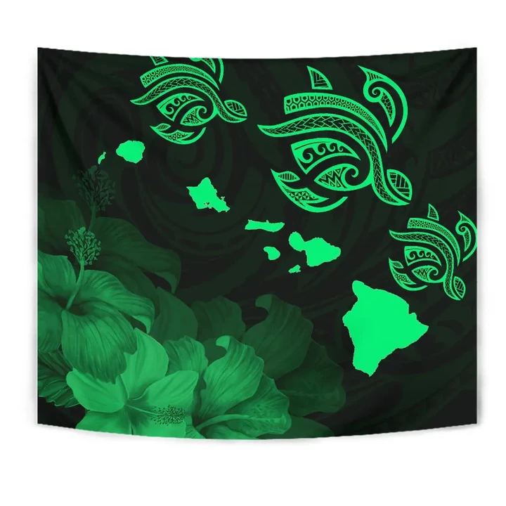 Alohawaii Tapestry - Hawaii Hibiscus Map Polynesian Ancient Green Tribal Tapestry
