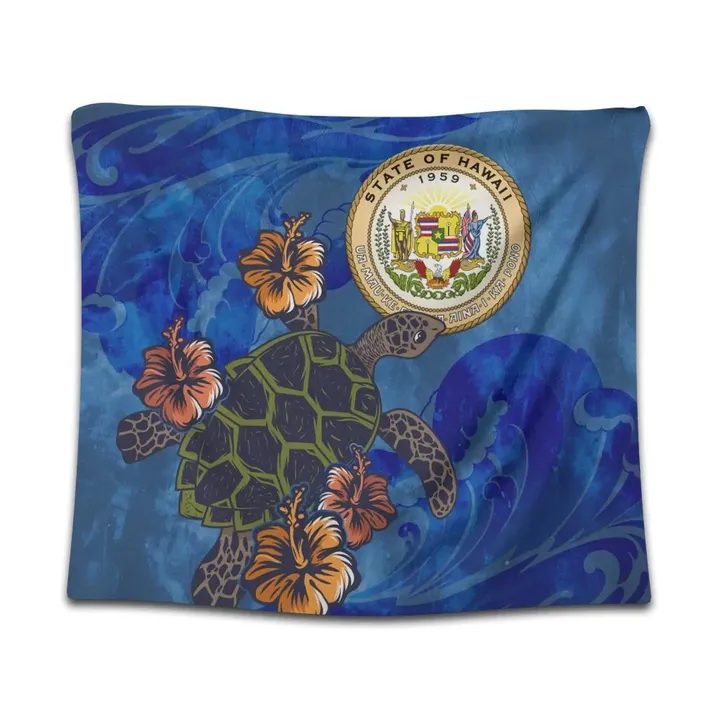 Alohawaii Tapestry - Hawaiian Seal Of Hawaii Hibiscus Ocean Turtle Polynesian Tapestry
