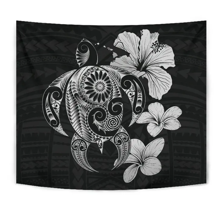 Alohawaii Tapestry - Hibiscus Plumeria Mix Polynesian Gray Turtle Tapestry